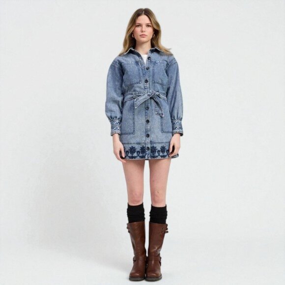 NWT Jacquie the Label Elodie Cotton Embroidered Denim Mini Shirt Dress - Picture 7 of 10